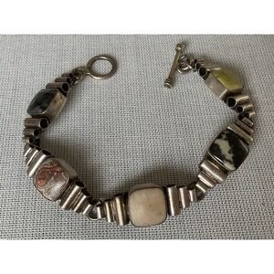 Mexico 925 Sterling Silver Multi Gemstone Toggle Bracelet Vintage ESTATE jewelry